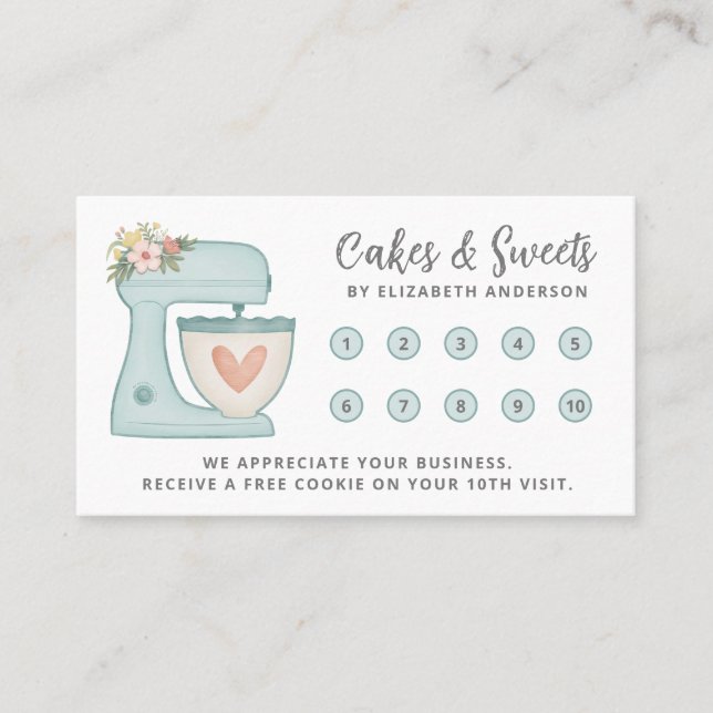 Carte De Fidélité Simple Blue Mixer Floral Cake Bakery Business (Devant)