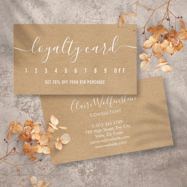 Carte De Fidélité Simple Élégant Script Rustique Kraft Professionnel (Simple Professional Rustic Kraft Elegant Script Loyalty Card)