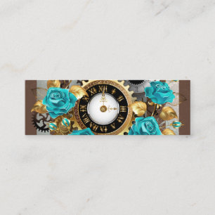 Carte De Fidélité Steampunk Clock and Turquoise Roses on Striped