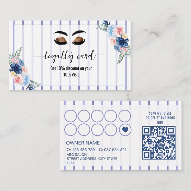 Carte de fidélité tech cils à rayures florales (Devant / Derrière)