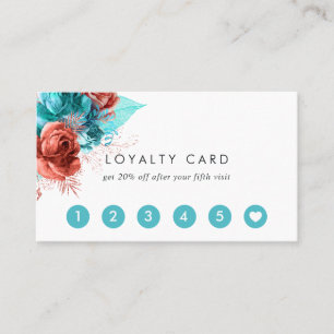 Carte De Fidélité Turquoise et floral aquarelle corail