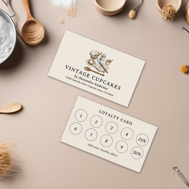 Carte De Fidélité Ustensiles de cuisine rayés vintage Boulangerie  (Striped Vintage Cooking Utensils Bakery Loyalty Card)