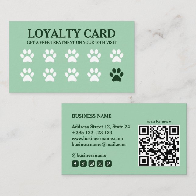Carte de fidélité verte Code QR pour animaux de co (Devant / Derrière)