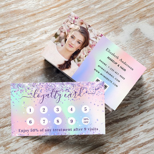 Carte De Fidélité Violet rose violet holographe code qr photo (Créateur téléchargé)