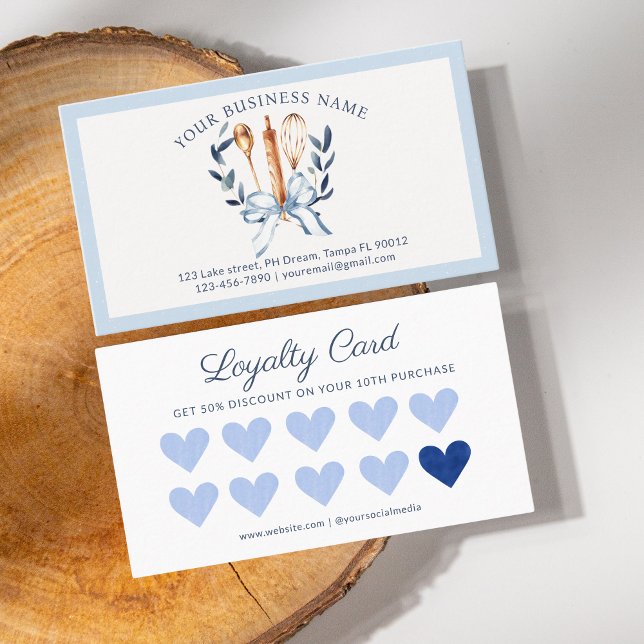 Carte De Fidélité Watercolor Blue Bow Utensils Cooking Bakery (Blue Bow utensils cooking bakery loyalty card)