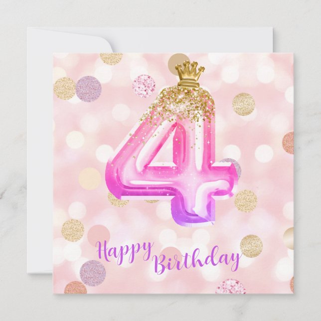 Carte de fille d'anniversaire 4ème rose violet or (Devant)