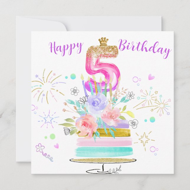Carte de fille d'anniversaire 5ème Rose Violet Or (Devant)
