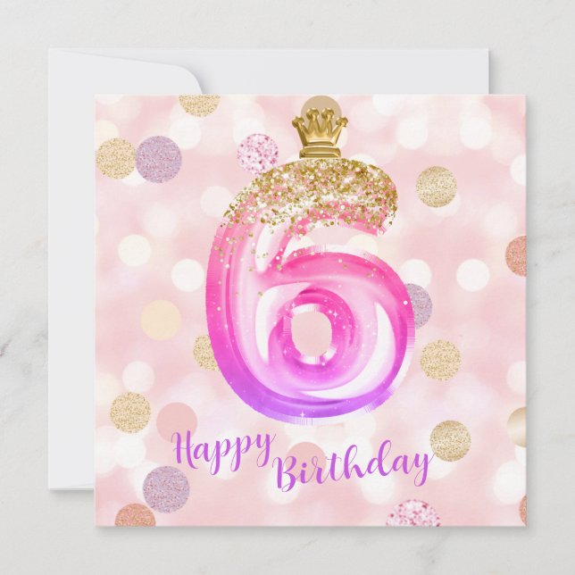 Carte de fille d'anniversaire 6ème Rose Or Violet (Devant)