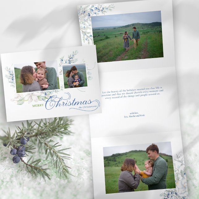 Carte De Fin D'année Trois Volets Aquarelle Joyeux Noël Script Juniper Photo (Créateur téléchargé)