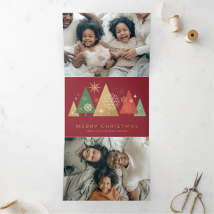 Carte De Fin D'année Trois Volets Arbres de Noël Dorés - Vœux de Fête Élégants