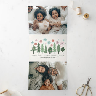 Carte De Fin D'année Trois Volets Arbres de Noël et flocons de neige stylisés