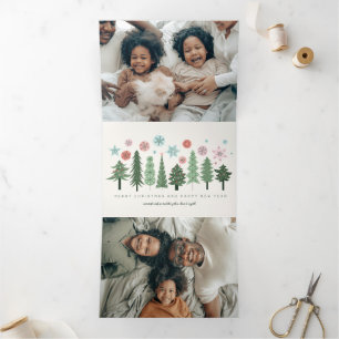 Carte De Fin D'année Trois Volets Arbres de Noël stylisés et flocons de neige