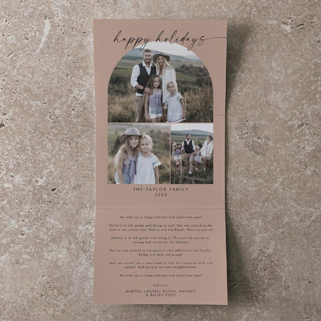 Carte De Fin D'année Trois Volets Arche moderne | Saumon Happy Holidays Photo Collag (Créateur téléchargé)