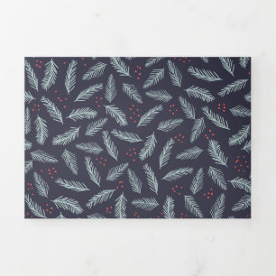 Carte De Fin D'année Trois Volets Bouges de pin blanc Plumes Baies blanches Noël