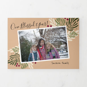Carte De Fin D'année Trois Volets Branches et Baies de Noël Rustiques Multi Photo