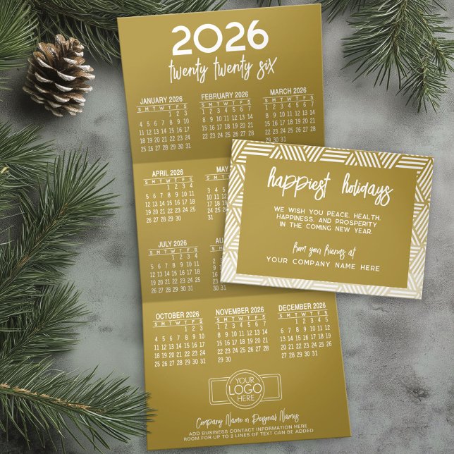 Carte De Fin D'année Trois Volets Calendrier, Logo, Moderne Gold Business (Business Holiday Card with a Hanging 2026 Calendar)