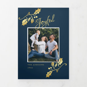 Carte De Fin D'année Trois Volets Carte de vacances bleue et dorée pliée en trois