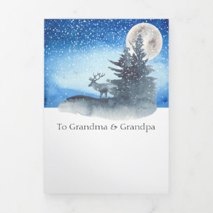 Carte De Fin D'année Trois Volets Cerf de Noël avec arbre éclairé par la lune Person