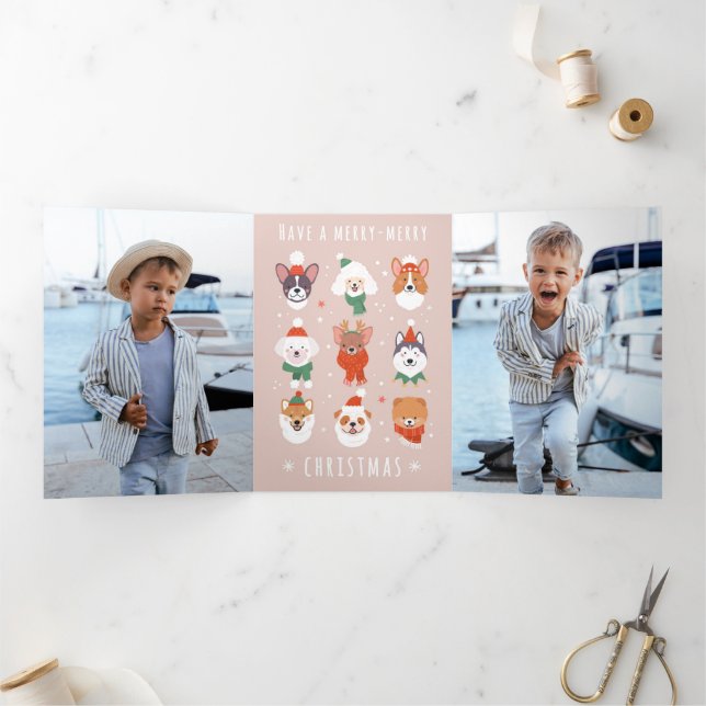 Carte De Fin D'année Trois Volets Chiens de Noël Joyeux-Joyeux (Intérieur)