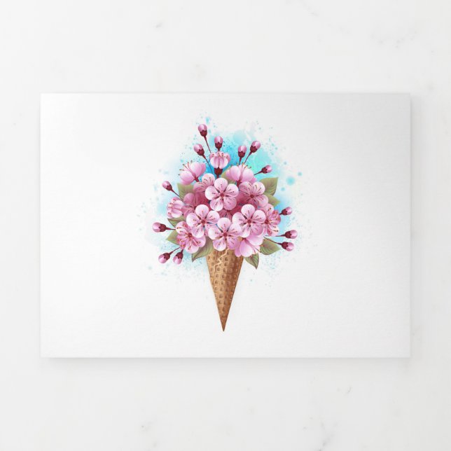 Carte De Fin D'année Trois Volets Cône rose Sakura crème glacée gaufre (Page de couverture)
