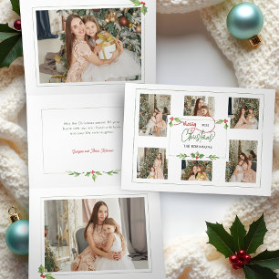 Carte De Fin D'année Trois Volets Couleur d'eau douce Holly Joyeux Noël Multi Photo