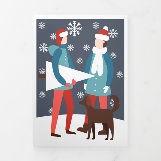 Carte De Fin D'année Trois Volets Couple gay Noël Chien et arbre personnalisés (Page de couverture)