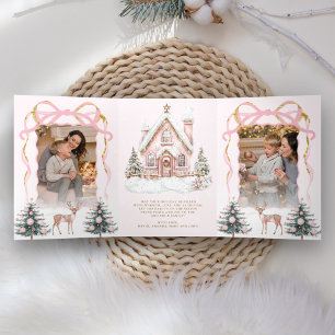 Carte De Fin D'année Trois Volets Douce Coquette Rose Ruban Noël Merveilleux Photo