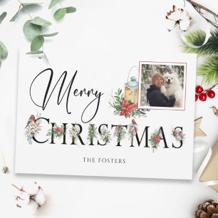 Carte De Fin D'année Trois Volets Élégant Joyeux Noël Botanique Typographie Photo