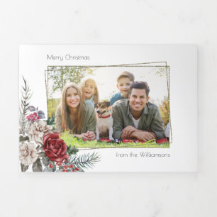 Carte De Fin D'année Trois Volets Elégant Rose aquarelle, Pine & Gold Frame Photo