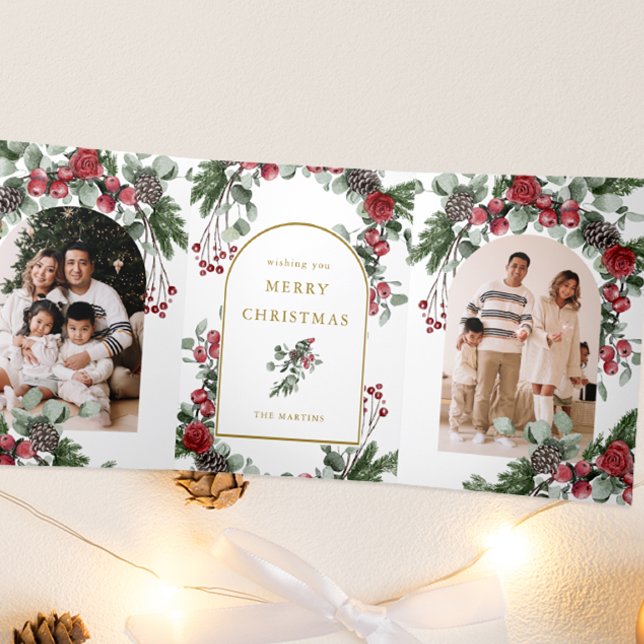 Carte De Fin D'année Trois Volets Élégant rouge floral photo Noël (Créateur téléchargé)