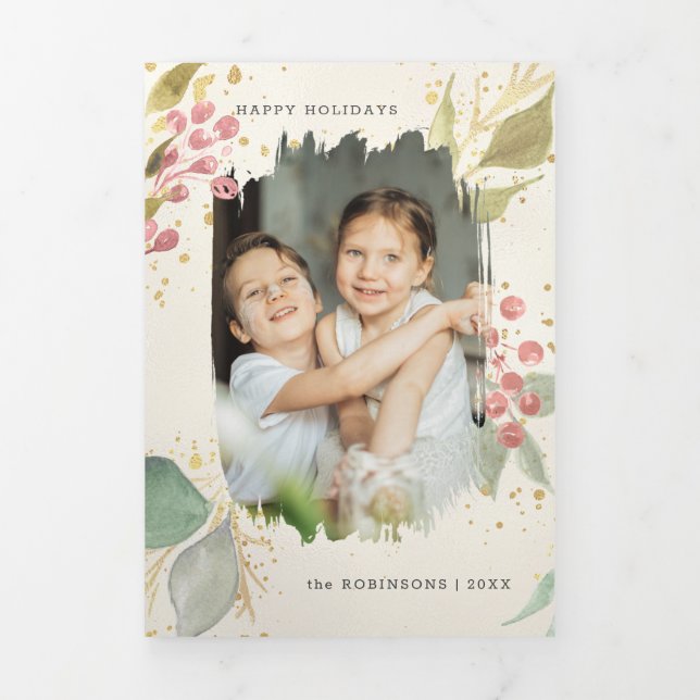 Carte De Fin D'année Trois Volets Elégante aquarelle Berries d'hiver et verdure Phot (Page de couverture)