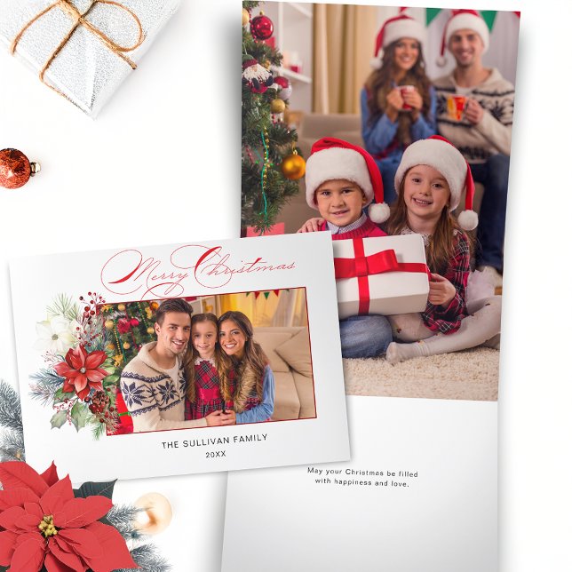 Carte De Fin D'année Trois Volets Élégante Calligraphie de Noël Joyeux Floral Photo (Créateur téléchargé)