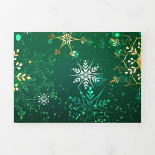 Carte De Fin D'année Trois Volets Flocons de neige dorés de Noël sur fond vert