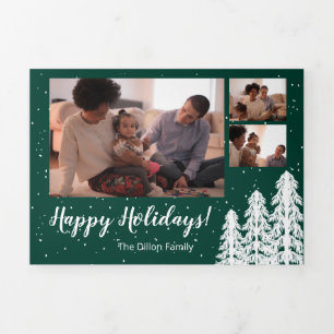 Carte De Fin D'année Trois Volets Forêt de pins neigeux vert Vacances 6 photos