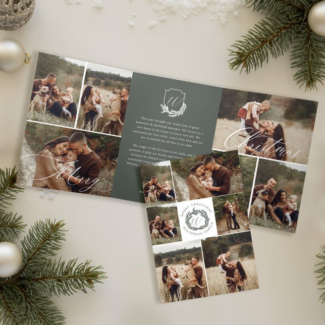 Carte De Fin D'année Trois Volets Galerie de photos Garland Wreath Monogram Noël (Garland Wreath Monogram Photo Gallery Christmas Tri-Fold Holiday Card)