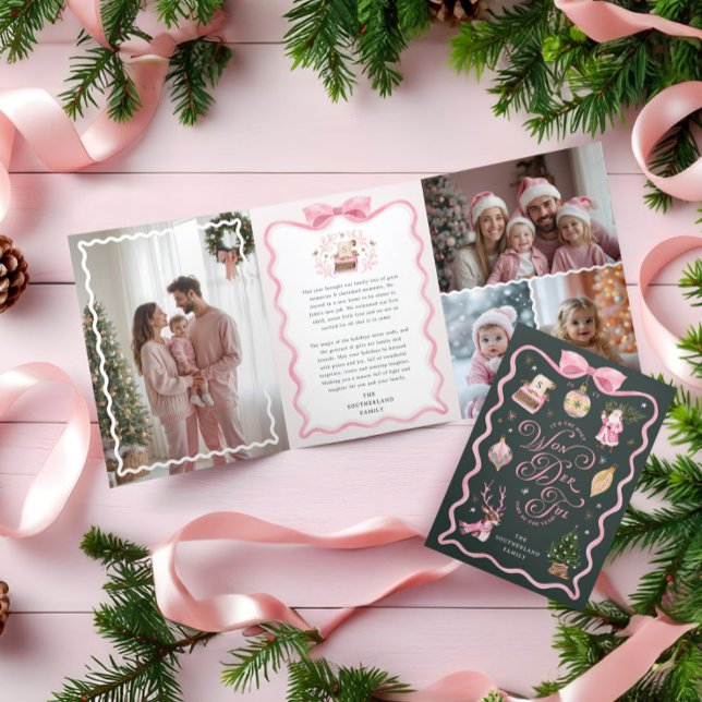 Carte De Fin D'année Trois Volets Galerie de photos Retro Christmas Pink Ribbon (Retro Christmas Pink Ribbon Family Photo Gallery Tri-Fold Holiday Card)