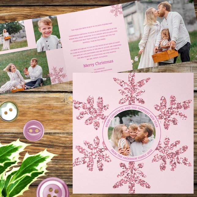 Carte De Fin D'année Trois Volets Glam rose Snowflake Unique 7 Pic Multi Photo (Personalizing is as easy as adding your photos and text via the templates)