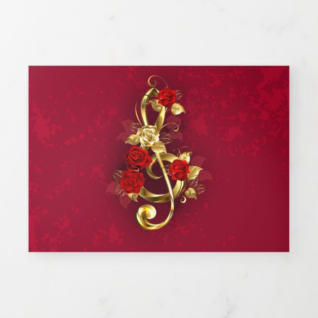 Carte De Fin D'année Trois Volets Golden Treble Clef avec fleurs Roses (Page de couverture)