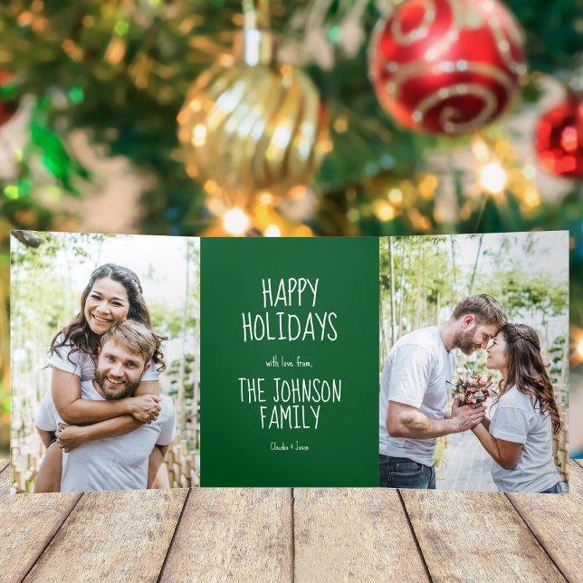 Carte De Fin D'année Trois Volets Green Happy Holidays 4 Family Photo Modern Festive (Créateur téléchargé)
