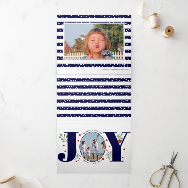 Carte De Fin D'année Trois Volets Joyaux bleu marine et baies photo de Noël (Extérieur)