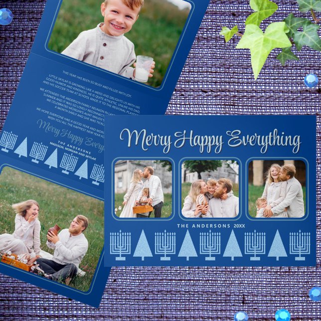 Carte De Fin D'année Trois Volets Joyeux bleu interconfessionnel Élégant Script 4 Ph (Easy to personalize, these interfaith holiday tri-fold cards are great for interfaith families)