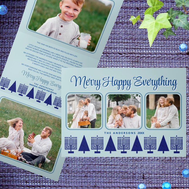 Carte De Fin D'année Trois Volets Joyeux Marine Interconfessionnel Élégant Script 4  (Tri-fold holiday cards with Hanukkah menorahs and Christmas trees for interfaith families & couples)