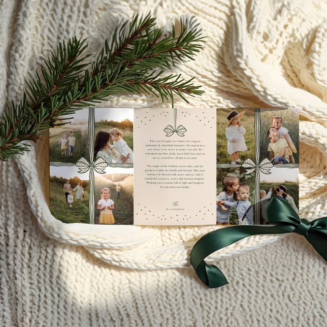 Carte De Fin D'année Trois Volets Joyeux Noël Elegant Bow Présent Photo Collage (Merry Christmas Elegant Bow Present Photo Collage Tri-Fold Holiday Card)