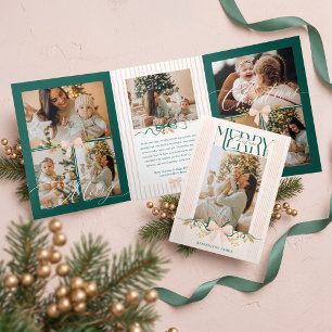 Carte De Fin D'année Trois Volets Joyeux Noël Élégant Ruban Rose Vert Photo