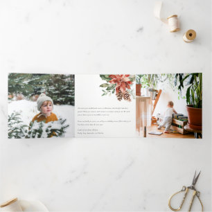 Carte De Fin D'année Trois Volets Joyeux Noël Poinsettia Pin 3 Photo Aquarelle