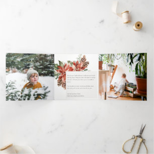 Carte De Fin D'année Trois Volets Joyeux Noël Poinsettia Pine 3 Photo Aquarelle