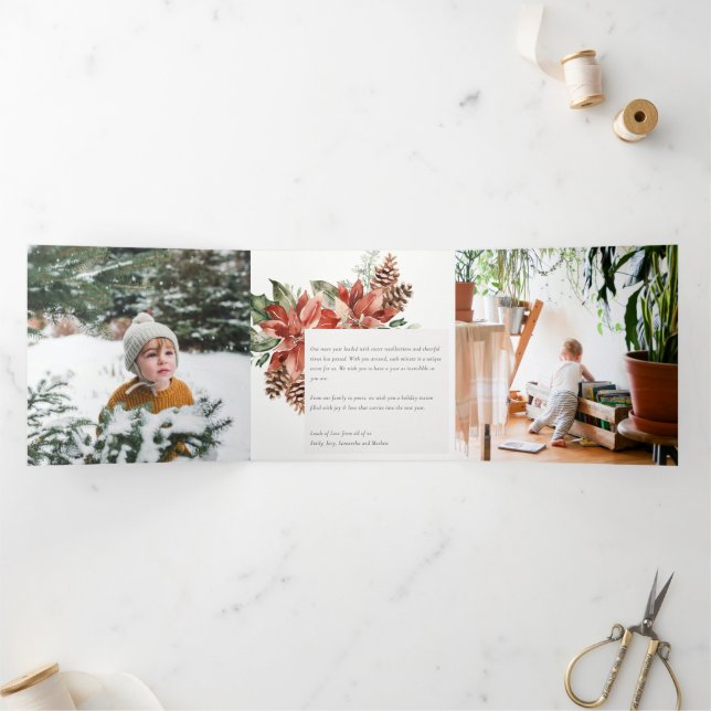 Carte De Fin D'année Trois Volets Joyeux Noël Poinsettia Pine 3 Photo Aquarelle (Intérieur)