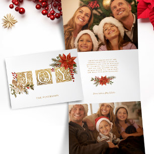 Carte De Fin D'année Trois Volets Lettres de bloc Joy Illuminé Or avec Poinsettias