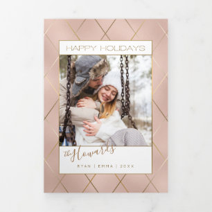 Carte De Fin D'année Trois Volets Luxe Rose Gold avec Sleek Diagonal Gold Lines Phot
