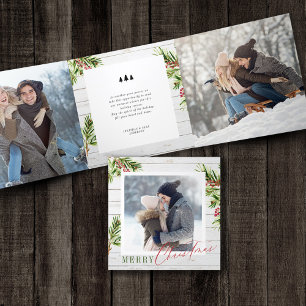 Carte De Fin D'année Trois Volets Maison rustique en bois Aquarelle Pine Noël